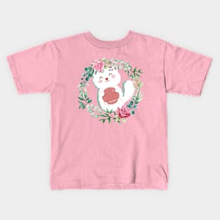 Cute Cat With Flowers and pink background Kids T-Shirt